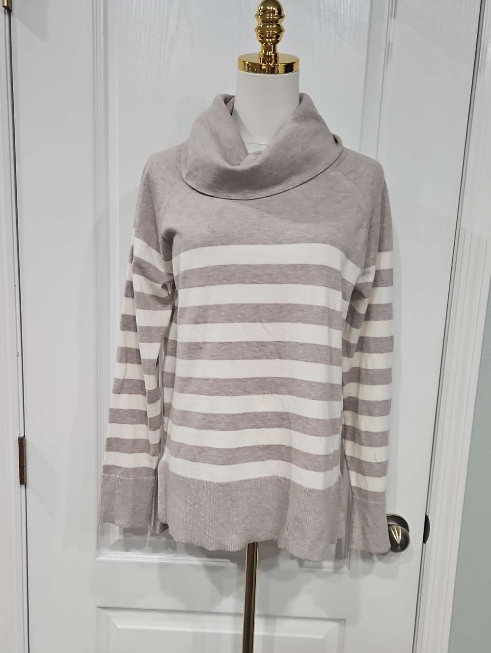 Cyrus Taupe & White Striped Cowl Neck Sweater